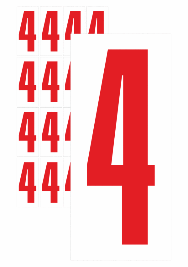 Značky písmen a čísel - Samolepiace tlačené číslo na bielom podklade: 4 (Červené)