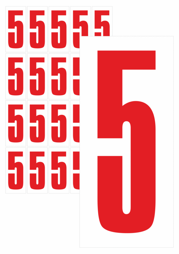 Značky písmen a čísel - Samolepiace tlačené číslo na bielom podklade: 5 (Červené)