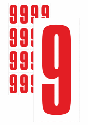 Značky písmen a čísel - Samolepiace tlačené číslo na bielom podklade: 9 (Červené)