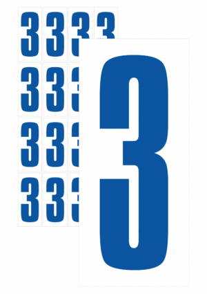 Značky písmen a čísel - Samolepiace tlačené číslo na bielom podklade: 3 (Modré)
