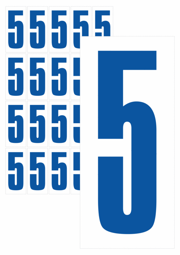 Značky písmen a čísel - Samolepiace tlačené číslo na bielom podklade: 5 (Modré)