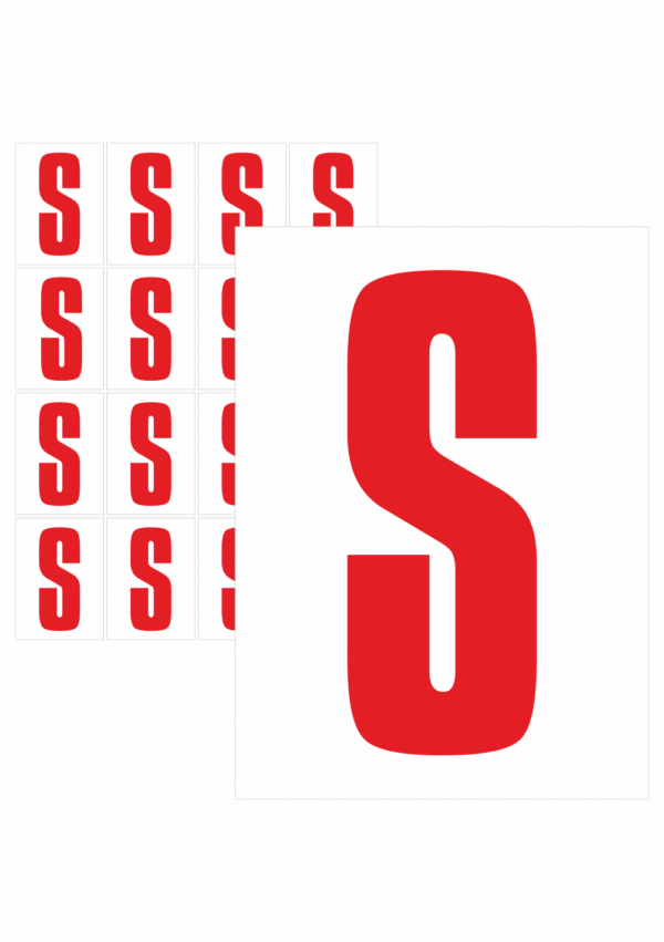 Značky písmen a čísel - Samolepiace tlačené písmeno na bielom podklade: S (Červené)