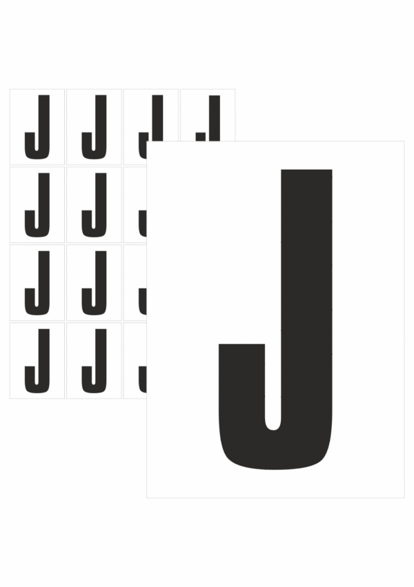 Značky písmen a čísel - Samolepiace tlačené písmeno na bielom podklade: J (Čierne)
