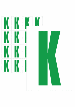 Značky písmen a čísel - Samolepiace tlačené písmeno na bielom podklade: K (Zelené)