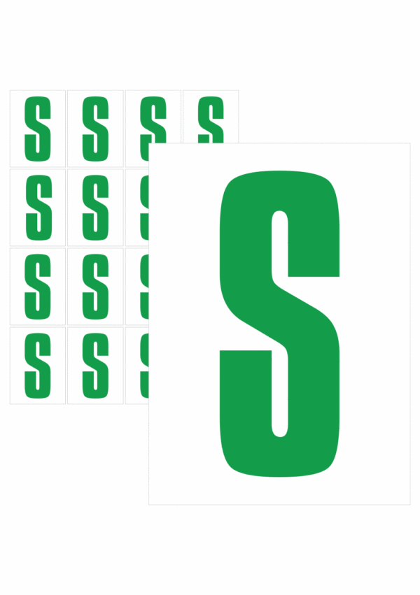 Značky písmen a čísel - Samolepiace tlačené písmeno na bielom podklade: S (Zelené)