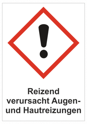 Označenie obalov nebezpečných látok - GHS symboly s textom: Reizend verursacht Augen und Hautreizungen