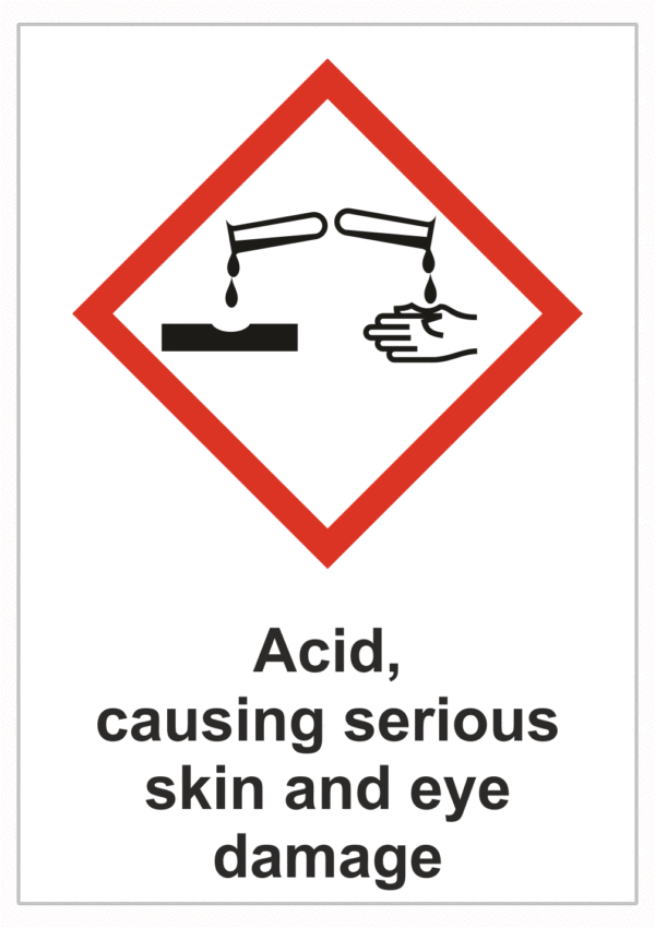 Označenie obalov nebezpečných látok - GHS symboly s textom: Acid, causing serious skin and eye damage