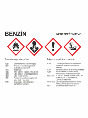 Označenie obalov nebezpečných látok - GHS štítok s názvem: Benzín / Nebezpečenstvo + text
