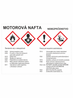 Označenie obalov nebezpečných látok - GHS štítok s názvem: Motorová nafta / Nebezpečenstvo + text