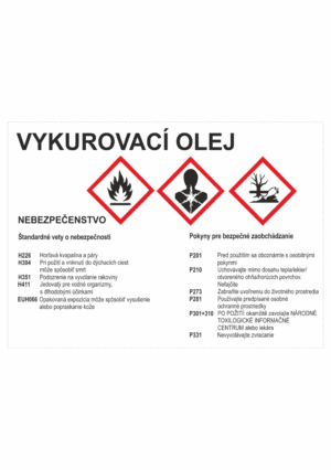 Označenie obalov nebezpečných látok - GHS štítok s názvem: Vykurovací olej / Nebezpečenstvo + text