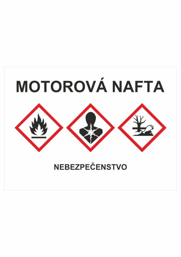 Označenie obalov nebezpečných látok - GHS štítok s názvem: Motorová nafta / Nebezpečenstvo