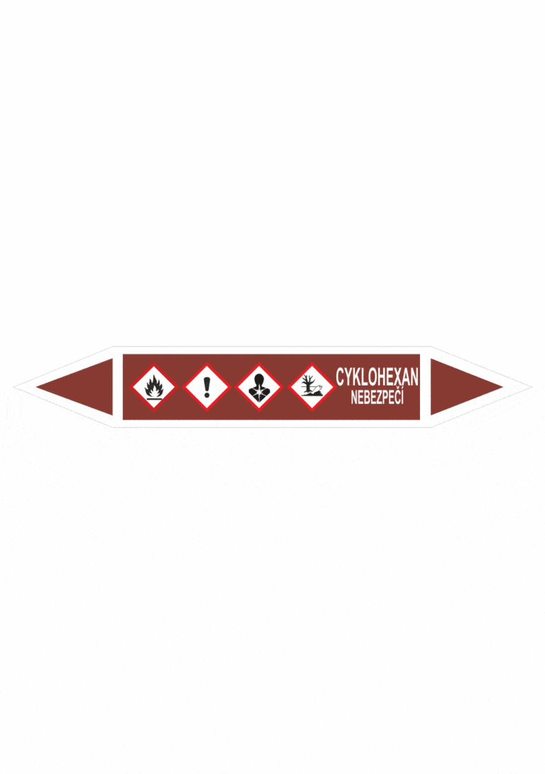 Značenie potrubí - Obojsmerné šípky se symboly: Cyklohexán / Nebezpečenstvo