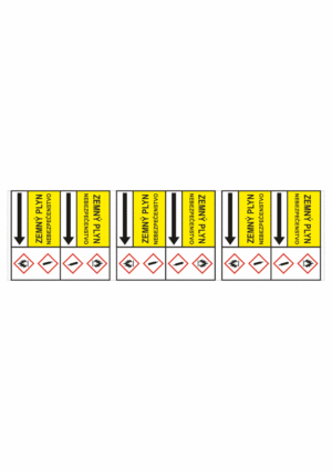 Značenie potrubí - Potrubné pásy smerove s textom a symbolom: Zemný plyn / Nebezpečenstvo