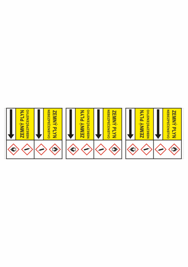 Značenie potrubí - Potrubné pásy smerove s textom a symbolom: Zemný plyn / Nebezpečenstvo