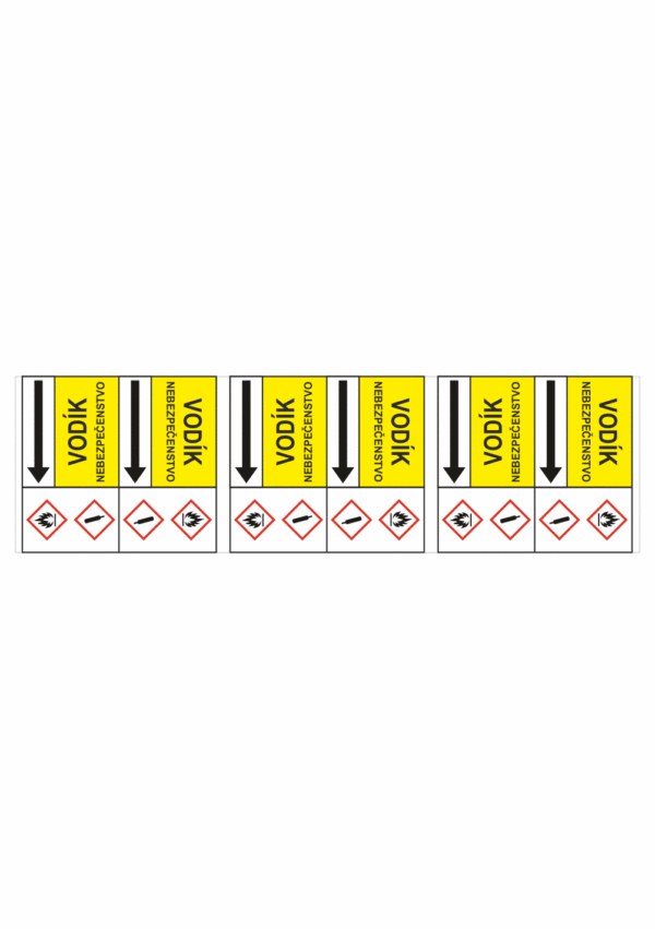 Značenie potrubí - Potrubné pásy smerove s textom a symbolom: Vodík / Nebezpečenstvo