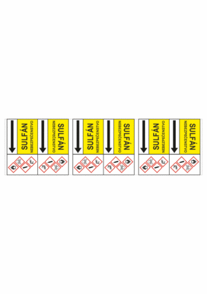 Značenie potrubí - Potrubné pásy smerove s textom a symbolom: Sulfán / Nebezpečenstvo
