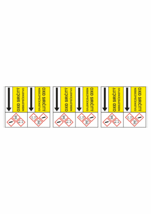 Značenie potrubí - Potrubné pásy smerove s textom a symbolom: Oxid siričitý / Nebezpečenstvo