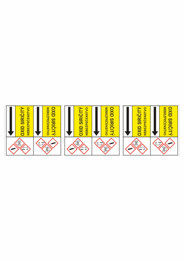 Značenie potrubí - Potrubné pásy smerove s textom a symbolom: Oxid siričitý / Nebezpečenstvo