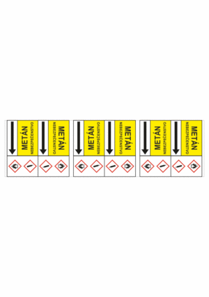 Značenie potrubí - Potrubné pásy smerove s textom a symbolom: Metán / Nebezpečenstvo