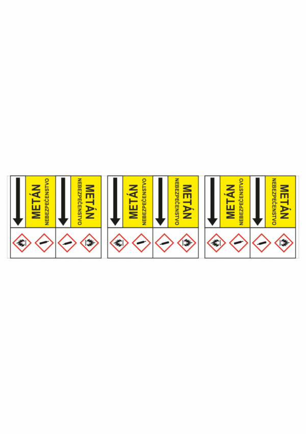 Značenie potrubí - Potrubné pásy smerove s textom a symbolom: Metán / Nebezpečenstvo