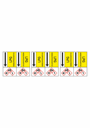 Značenie potrubí - Potrubné pásy smerove s textom a symbolom: LPG / Nebezpečenstvo