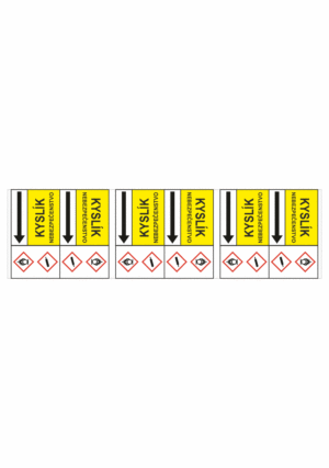 Značenie potrubí - Potrubné pásy smerove s textom a symbolom: Kyslík / Nebezpečenstvo