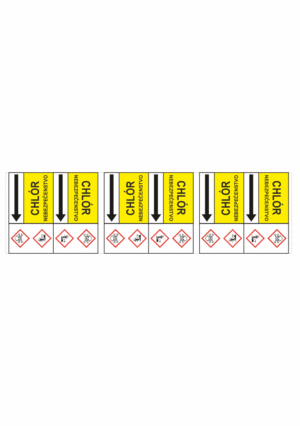 Značenie potrubí - Potrubné pásy smerove s textom a symbolom: Chlór / Nebezpečenstvo