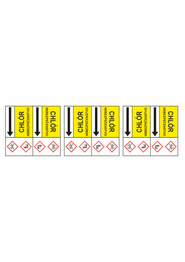 Značenie potrubí - Potrubné pásy smerove s textom a symbolom: Chlór / Nebezpečenstvo