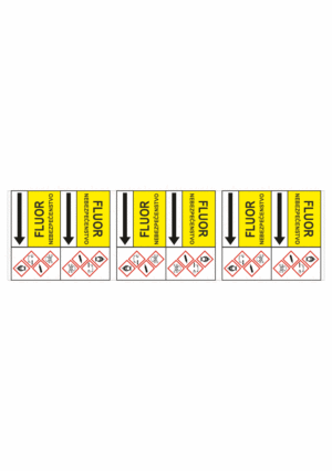 Značenie potrubí - Potrubné pásy smerove s textom a symbolom: Fluor / Nebezpečenstvo