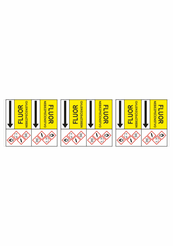 Značenie potrubí - Potrubné pásy smerove s textom a symbolom: Fluor / Nebezpečenstvo