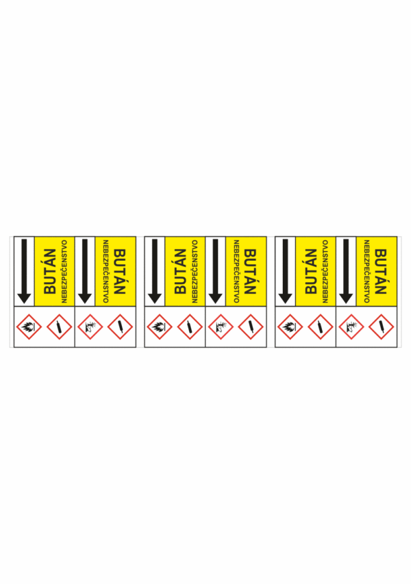 Značenie potrubí - Potrubné pásy smerove s textom a symbolom: Bután / Nebezpečenstvo