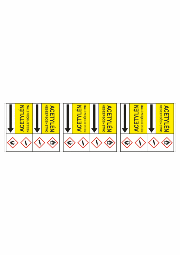 Značenie potrubí - Potrubné pásy smerove s textom a symbolom: Acetylén / Nebezpečenstvo