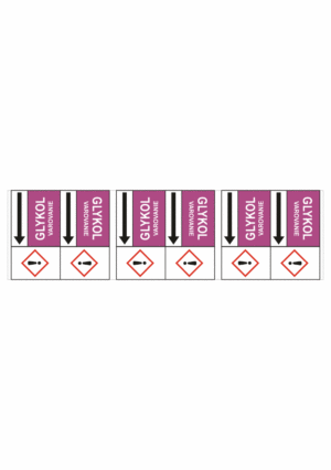 Značenie potrubí - Potrubné pásy smerove s textom a symbolom: Glykol / Varovanie
