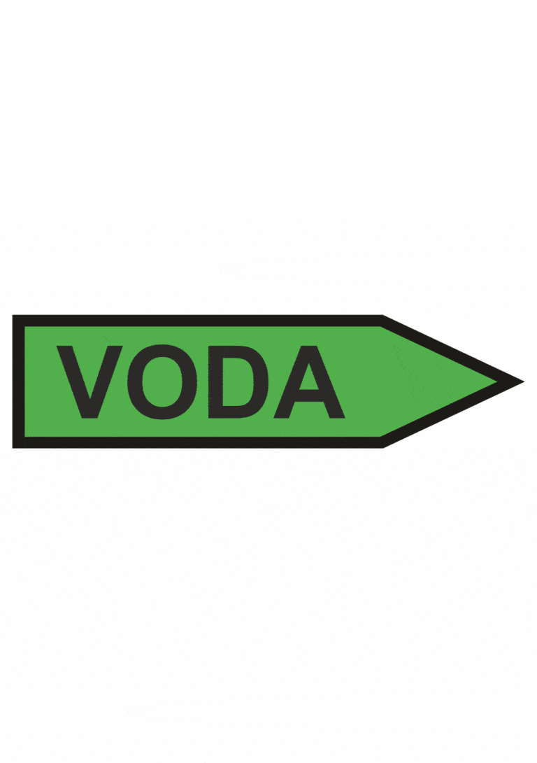 Značenie potrubí - Jednosmerné šípky: Voda (Text, velkosť 2,3, smer vpravo)