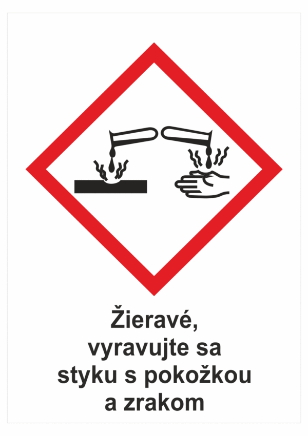 Označenie obalov nebezpečných látok - GHS symboly s textom: Žieravé, vyravujte sa styku s pokožkou a zrakom