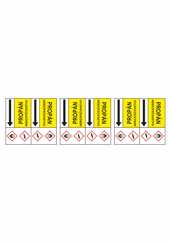 Značenie potrubí - Potrubné pásy smerove s textom a symbolom: Propán / Nebezpečenstvo