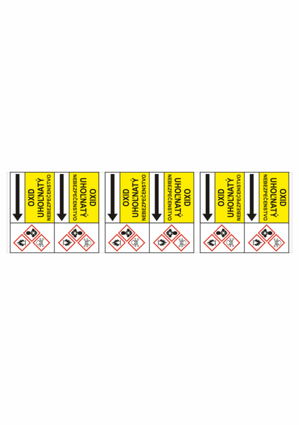 Značenie potrubí - Potrubné pásy smerove s textom a symbolom: Oxid uhoľnatý / Nebezpečenstvo