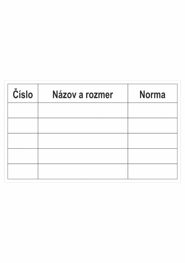 Značenie budov a priestorov - Značenie materiálov: Číslo / Názov a rozmer / Norma